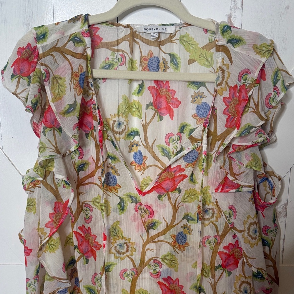 Rose & Olive Sheer Floral V Neck Ruffle Top White Pink Green - Picture 2 of 7